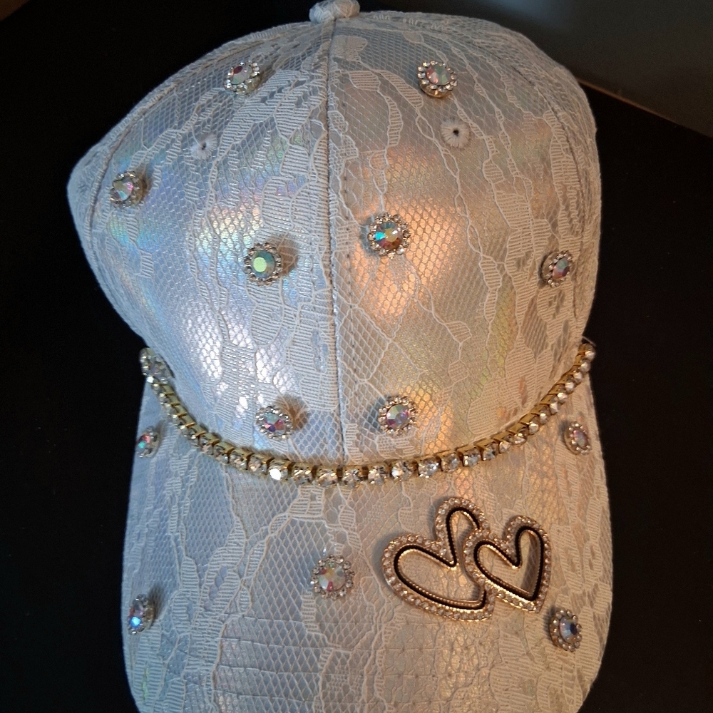 Elegant White Lace Cap with Rhinestones bling strap back OS NEW